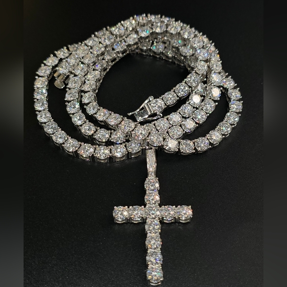 None Jewelry - ✨ 80+ CTW Moissanite Tennis Chain & Cross Pendant Set – 5mm ✨
